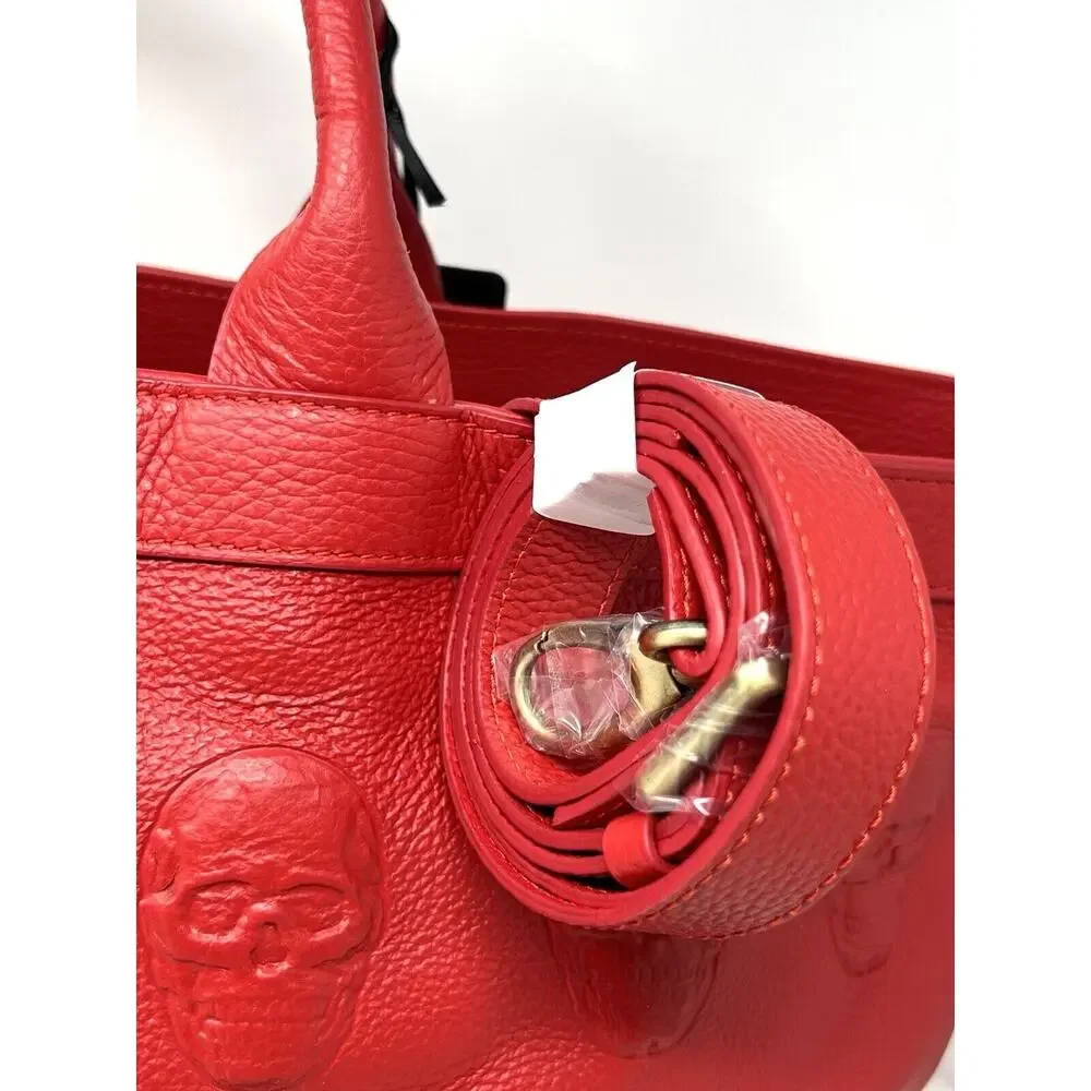 IO PELLE Italia Skull Embossed RED Leather Tote Bag XL Weekender Crossbody Strap